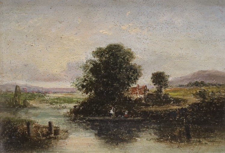 English School, oil on board, Primitive study of pigs in a stye 28 x 30cm and a small late 19th century oil riverscape, 14 x 19cm